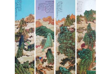 著名画家胡朝水重彩山水画《山水四条屏》