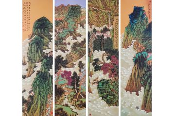 著名画家胡朝水重彩山水画《山水四条屏》