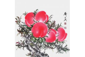 齐真国画花鸟画寿桃《穷款》