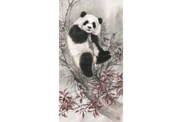 张玉涛新品力作竖幅动物画熊猫作品《穷款》