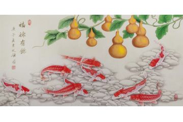 九鱼图 胡记领工笔花鸟画葫芦鲤鱼《福禄有余》