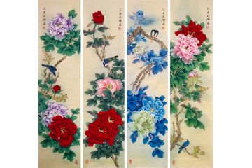 实力派画家胡记领花鸟画四条屏《花开富贵》
