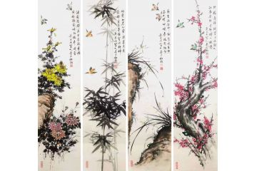 胡记领新品力作国画四条屏花鸟画《梅兰竹菊》