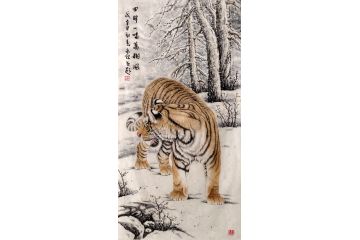 布永杰四尺竖幅作品老虎动物画《回眸一啸万树风》