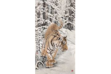 布永杰精品动物画力作老虎图《雪野觅踪》