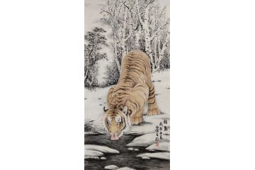 布永杰老师四尺竖幅动物画作品《饮泉》