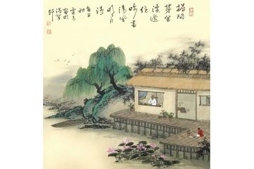 古法山水名家霖青山水画作品《搭间茅舍溪边住，吟尽清风明月诗》
