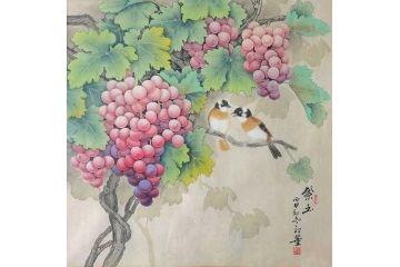 羽墨新品力作斗方花鸟画葡萄《紫玉》