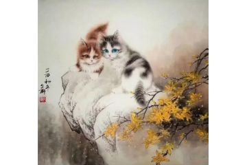 国画斗方图 秦文轩动物画猫《穷款》