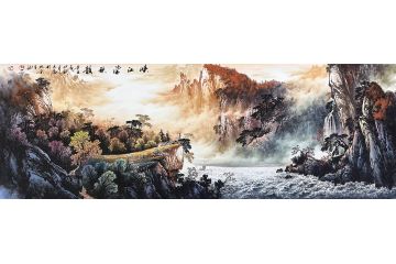 流水生财图 王大为新品力作风水画《峡江染秋韵》