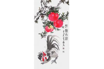 齐真新品花鸟画雄鸡寿桃图《长寿吉祥》