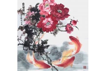 张新宏新品斗方花鸟画牡丹图《富贵有余》