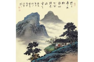 霖青新品斗方山水画《世上本无桃源地》