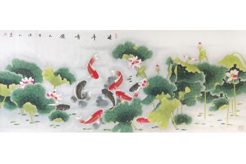张洪山新品工笔花鸟画作品《连年有余》