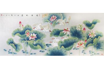 张洪山新品工笔花鸟画作品《荷塘晓露》