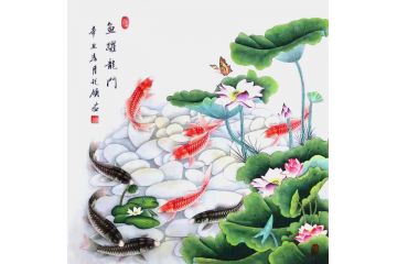 胡记领老师新品斗方九鱼图《鱼跃龙门》