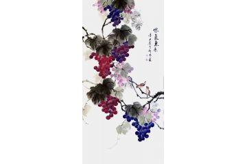 胡记领四尺竖幅花鸟画葡萄图《紫气东来》