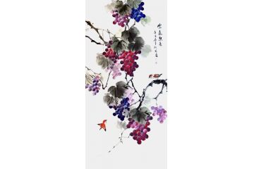 胡记领四尺竖幅花鸟画葡萄图《紫气东来》