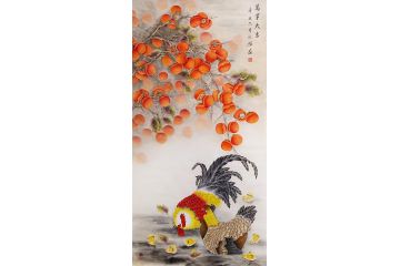 胡记领四尺竖幅花鸟画雄鸡图《万事大吉》