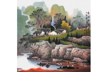 张月岗新品斗方山水画《春溪雅韵》