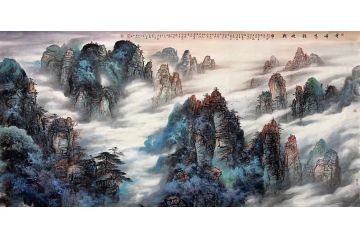 资春成四尺横幅写意山水画《奇峰秀岭映朝晖》