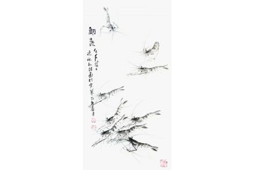 白石后人 朴喆经典写意花鸟画《虾趣》