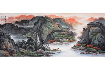 张月岗八尺横幅山水画力作《玉溪若波映春晖》