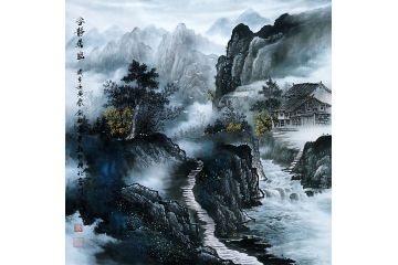 一级美术师易剑赋彩墨山水画作品《谷静幽居》