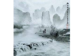 一级美术师易剑赋彩墨山水画作品《漓江烟雨》