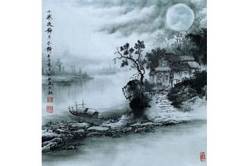 一级美术师易剑赋彩墨山水画作品《小寨夜静》