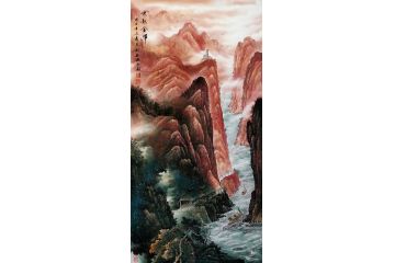 一级美术师易剑赋彩墨山水画作品《峡起金辉》