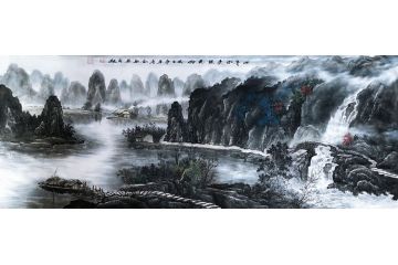 一级美术师易剑赋彩墨山水画作品《山清水秀》