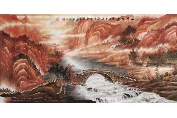 一级美术师易剑赋彩墨山水画作品《山川红意》