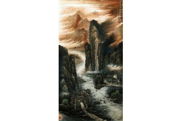 一级美术师易剑赋彩墨山水画作品《半山烟云半山霞》