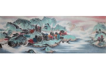 中美协会员庞银时写意山水画《河山朝晖》