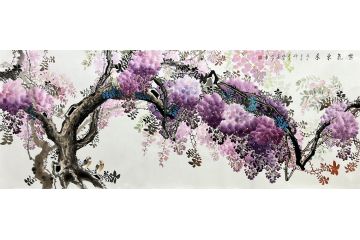 李林宏六尺横幅国画紫藤图《紫气东来》