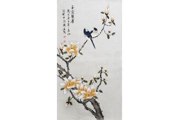 司曼如新品工笔花鸟画《玉兰双雀》