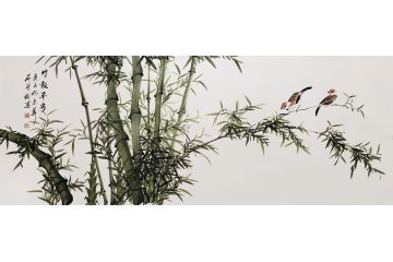 国礼特供艺术家石荣禄写意花鸟画《竹报平安》