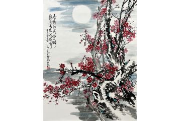 吴练写意花鸟画作品《红梅图》