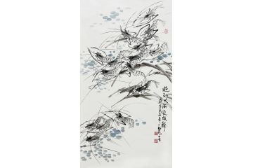 吴练写意花鸟画作品《虾趣图》