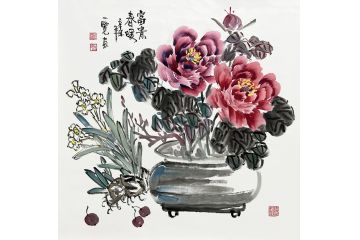 吴练四尺斗方写意花鸟画作品《富贵春暖》