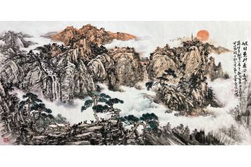 中美协会员余新民写意山水画《旭日东升泰安天下》
