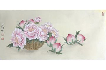 当代青年画家蓝一峰工笔花卉图《花桃》