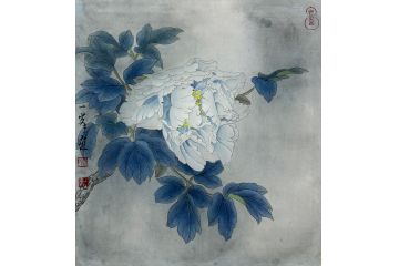 当代青年画家蓝一峰工笔花卉图《蓝色添幽》
