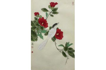 当代青年画家蓝一峰工笔花卉图《春鸣》
