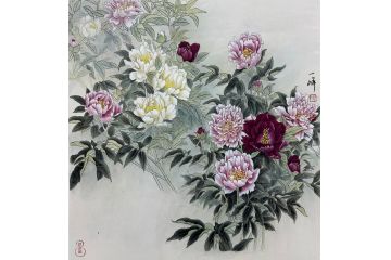 当代青年画家蓝一峰工笔花卉图《争艳》