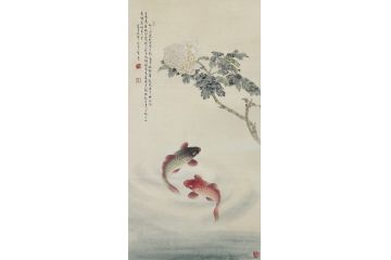 当代青年画家蓝一峰工笔鱼图《牡丹花下舞》