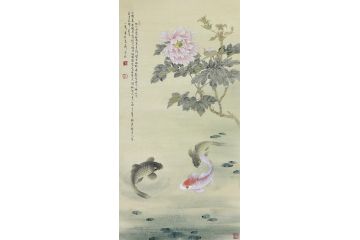 当代青年画家蓝一峰工笔鱼图《牡丹花下舞》（三）