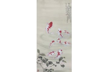 当代青年画家蓝一峰工笔鱼图《幽静池塘碧水波》