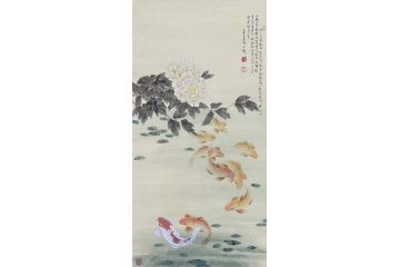 当代青年画家蓝一峰工笔鱼图《牡丹花下舞》（四）